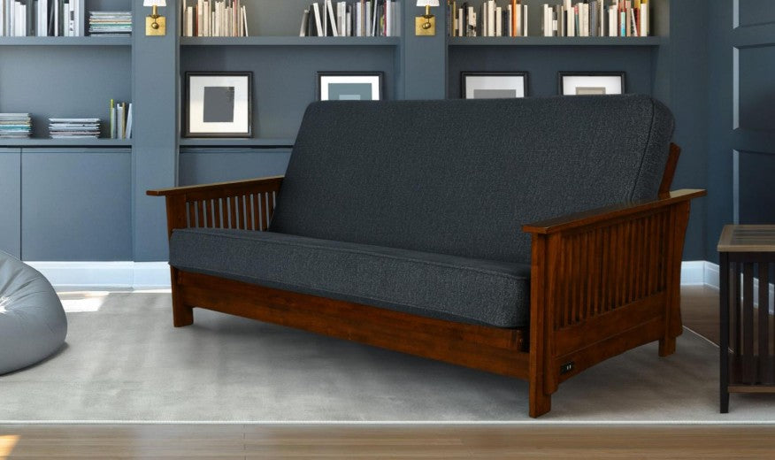 Alexa Studio Sleeper in Black Walnut Finish with Taber Indigo Mattress - The Futon Store