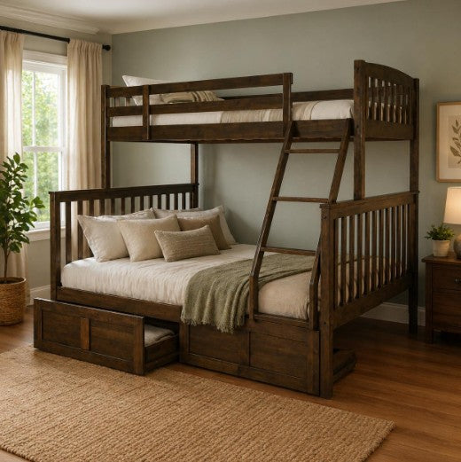 Claire Twin Over Full Bunk Bed with Drawers Rustic Walnut Finish - The Futon Store