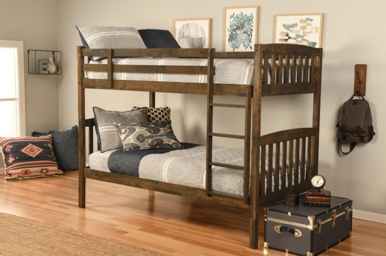 Claire Twin Twin Bunk Bed Rustic Walnut Finish - The Futon Store