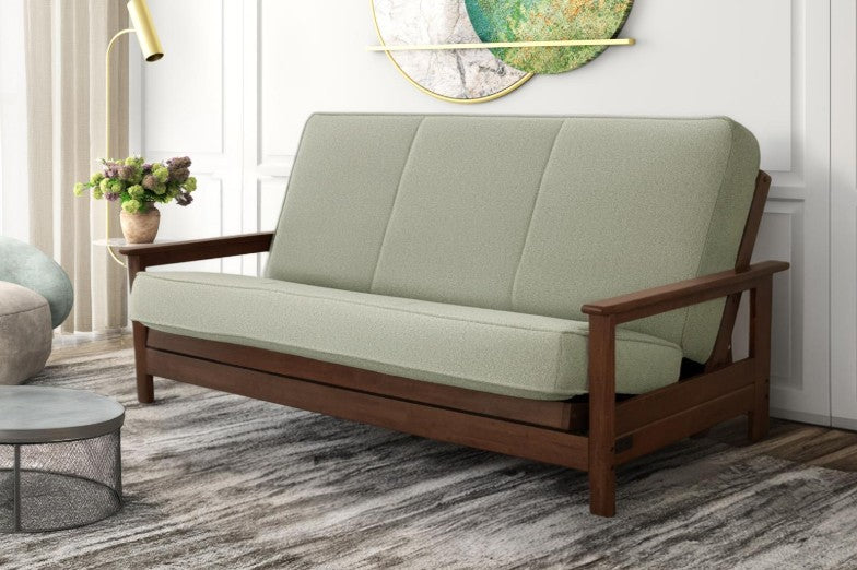 Emily Studio Sleeper in Brownstone Finish with Monte Toro Pistachio Mattress - The Futon Store