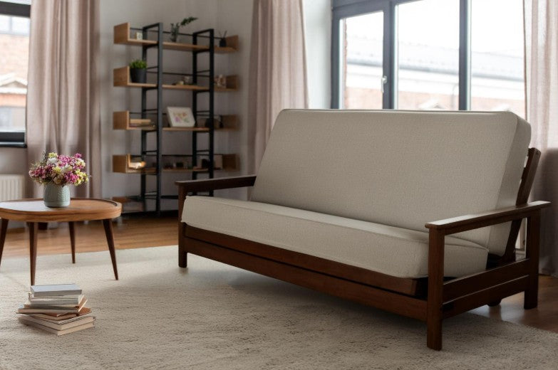 Emily Studio Sleeper in Brownstone Finish with Taber Cashmere Mattress - The Futon Store
