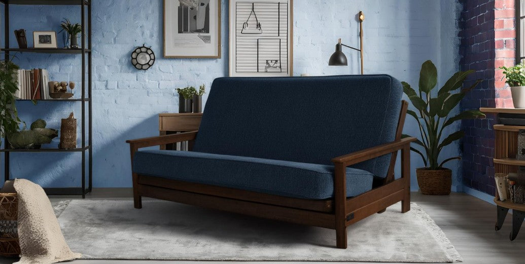 Emily Studio Sleeper in Brownstone Finish with Taber Indigo Mattress - The Futon Store