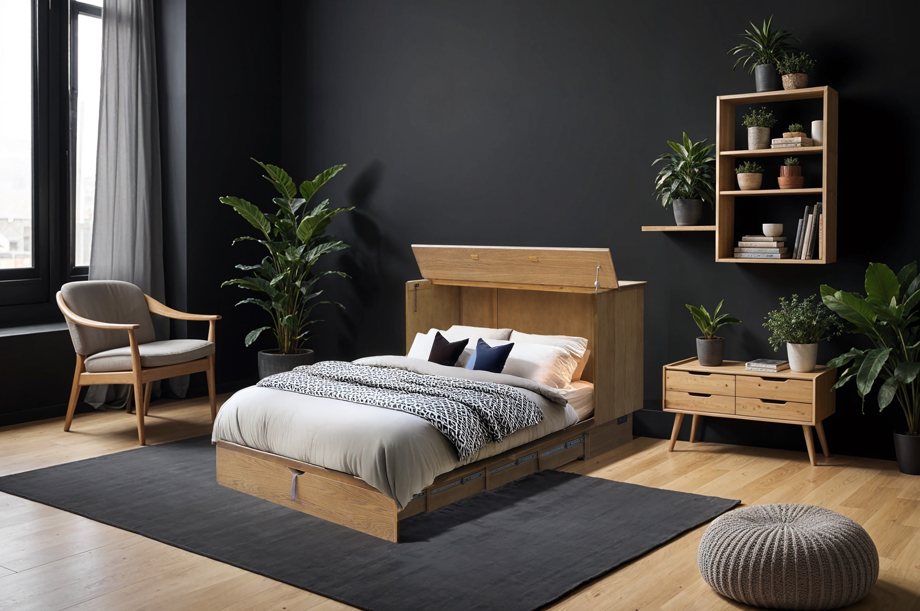 Cottage Creek Oakcrest Queen Sleep Cabinet Bed Distressed Natural Wood Tone Finish - The Futon Store