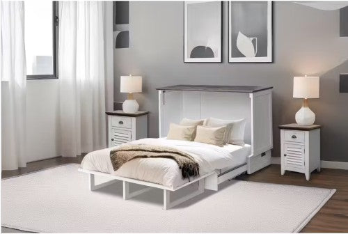 Cottage Creek Tuscany Queen Murphy Cabinet Bed 2-Tone Distressed White/Brown Finish - The Futon Store