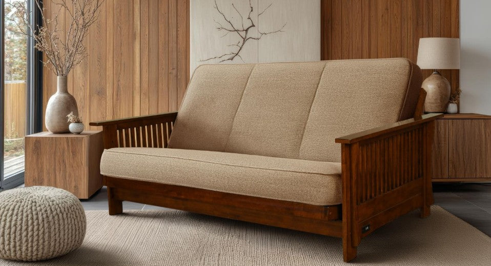 Alexa Studio Sleeper in Black Walnut Finish with Natural Beauty Taupestone Mattress - The Futon Store 