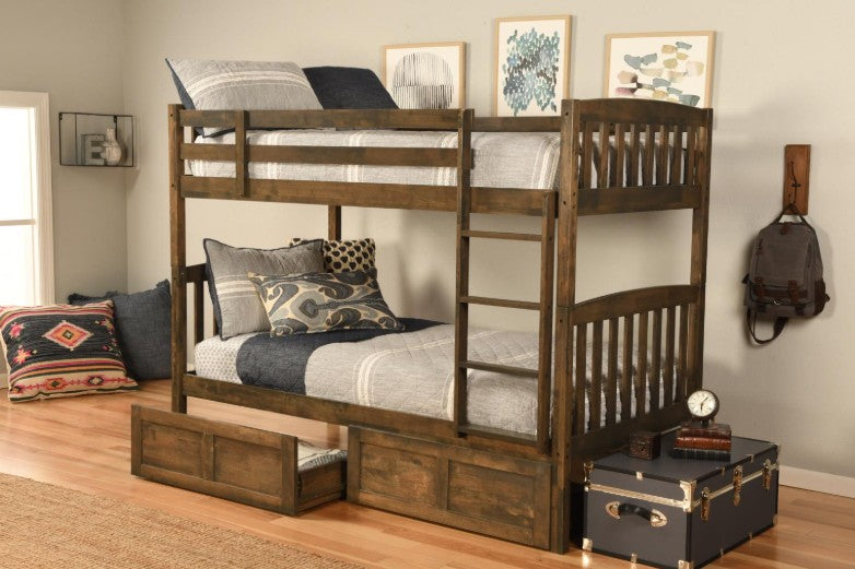 Twin Twin Rustic Walnut  Bunk Bed + Options - The Futon Store 