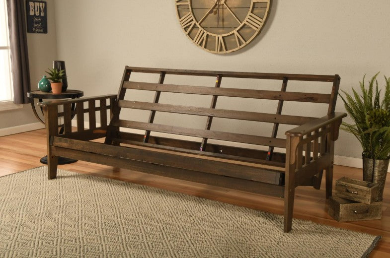 Queen Tucson Futon Rustic Walnut Finish with Mattress - The Futon Store 
