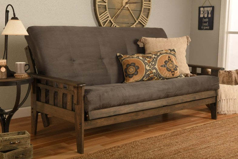 Queen Tucson Futon Rustic Walnut Finish with Mattress - The Futon Store 