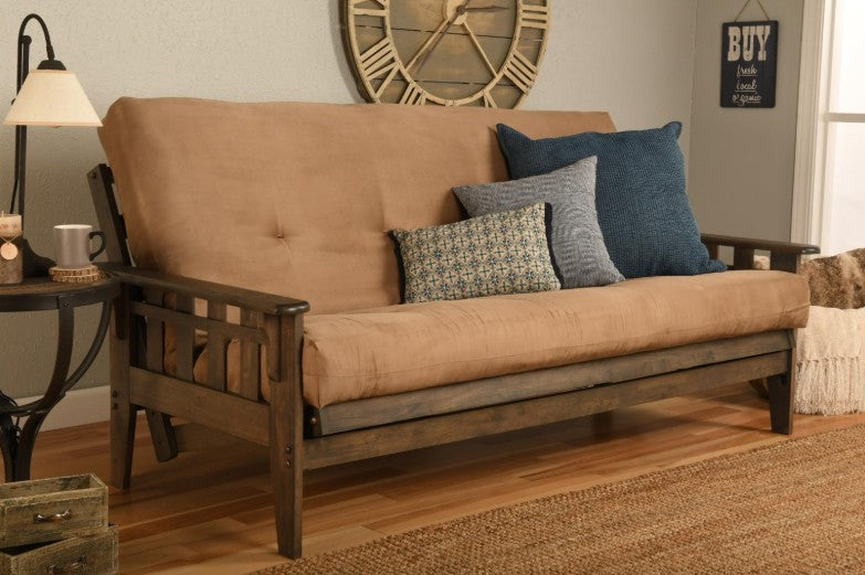 Queen Tucson Futon Rustic Walnut Finish with Mattress - The Futon Store 