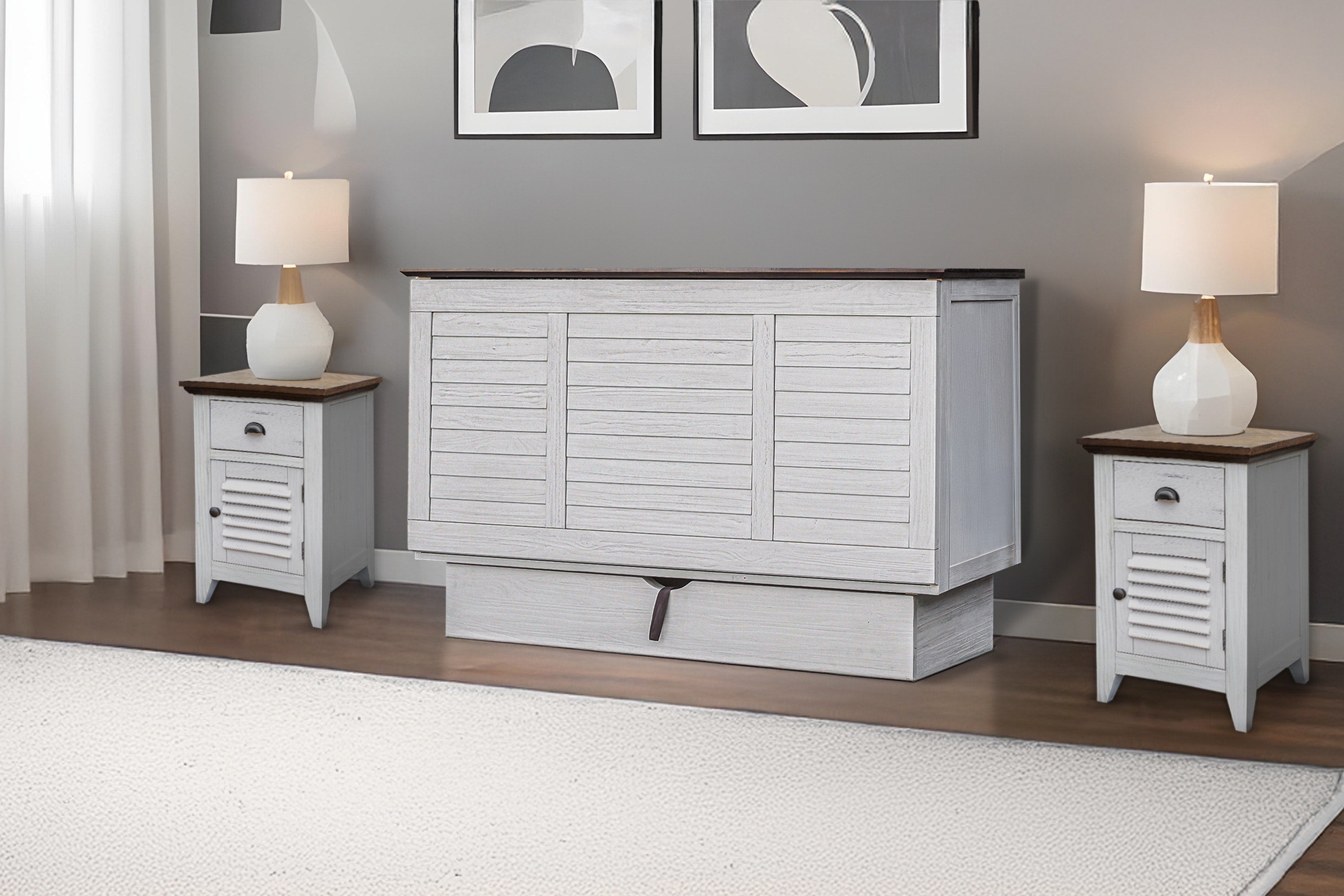 Cottage Creek Tuscany Queen Murphy Cabinet Bed 2-Tone Distressed White/Brown Finish - The Futon Store 