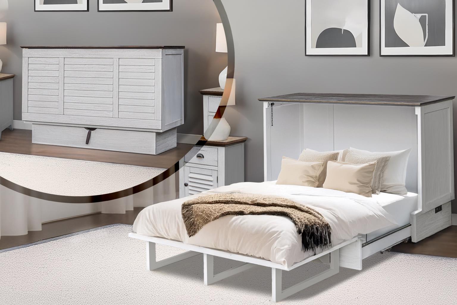 Cottage Creek Tuscany Queen Murphy Cabinet Bed 2-Tone Distressed White/Brown Finish - The Futon Store 