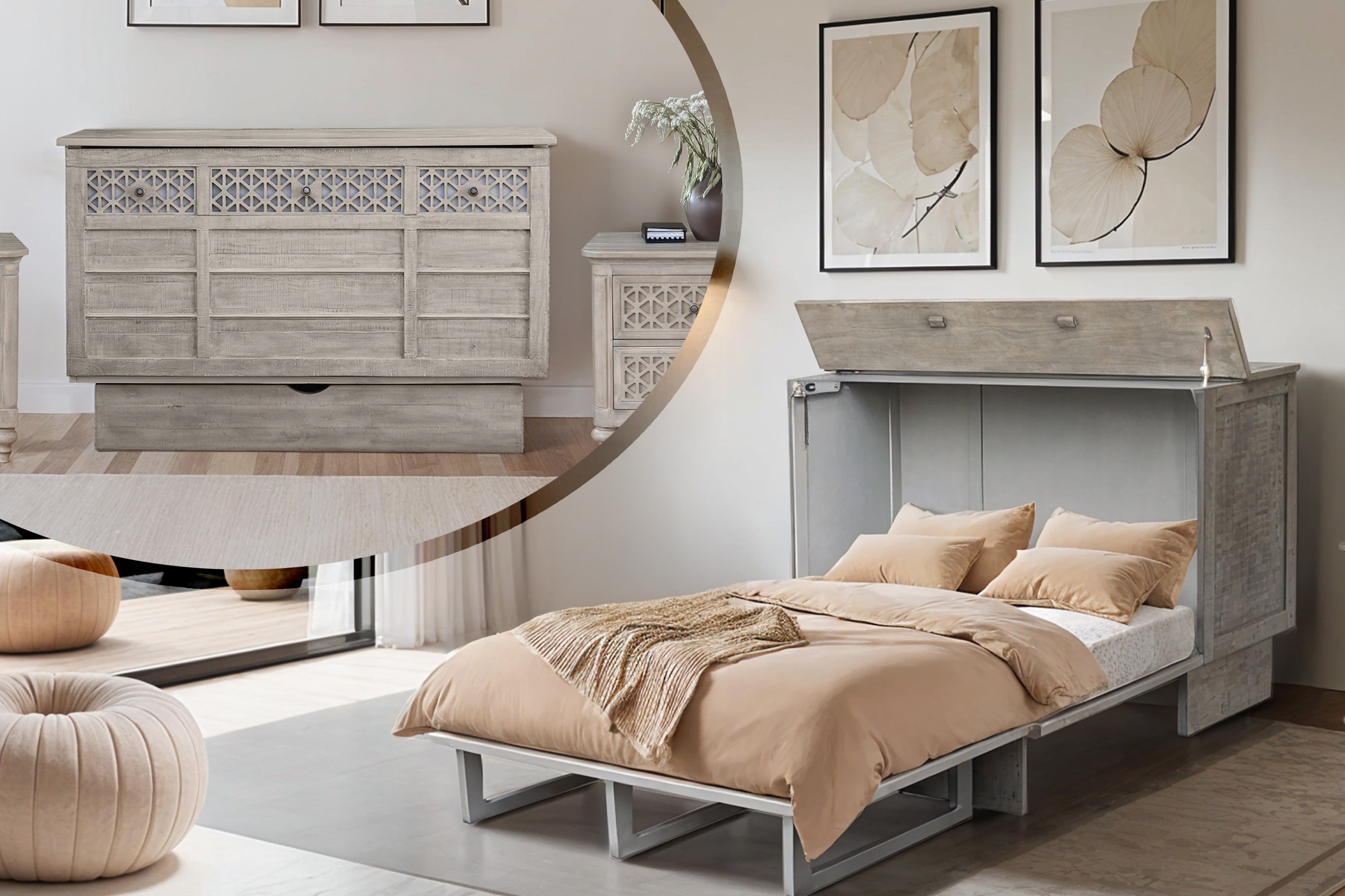 Cottage Creek Wilmington Queen Murphy Cabinet Bed Distressed Greige Finish - The Futon Store 